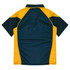 A polo shirt featuring a dark green body with yellow accents on the shoulders and side panels.