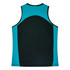 A singlet featuring a black body with turquoise accents, designed for women's activewear. It has a logo on the front.