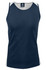 A navy blue singlet with light grey side panels, featuring a logo on the neckline.