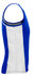 A blue and white men's singlet featuring a logo, showcasing a fitted design with wide armholes.