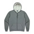 A grey zip-up men's hoodie featuring a lined hood and front pockets, with a logo on the inside.