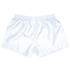 A pair of white sports shorts with an elastic waistband and a smooth finish, featuring a logo.
