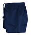 Navy blue rugby men's shorts with an elastic waistband and a drawstring, featuring a logo.