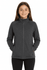 A soft shell jacket in dark grey, featuring a front zipper and side pockets, designed for kids.