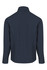 A soft shell jacket in navy blue with a collar and long sleeves, featuring a logo on the back.
