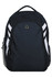 A black backpack with white stripes and a logo, featuring side mesh pockets and a zippered front compartment.