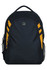 A black backpack with yellow accents and mesh side pockets, featuring a logo on the front.