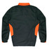 A dark green tracktop with orange side accents, featuring a collar and elastic cuffs. It has a logo on the back.