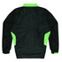 A black tracktop with bright green accents, featuring a collar and elasticated cuffs. It has a logo.