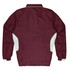 Burgundy kids tracktop featuring white accents, with long sleeves and a collar, has a branding logo.