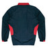 A navy and red track top with a high collar and elastic cuffs, featuring a logo on the back.