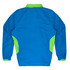 A blue tracktop featuring green accents on the collar and sides, with long sleeves and a relaxed fit.