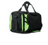 A black and lime green duffle bag with multiple compartments and a shoulder strap, featuring mesh side pockets.