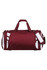 A maroon duffle bag with white accents, featuring multiple compartments and a handheld strap, plus a detachable strap.