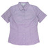 A short sleeve, button-up shirt in a purple and white check pattern, featuring a collar and a logo.
