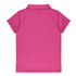 A pink polo shirt featuring a classic collar and short sleeves, with a logo on the back.