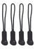 A set of four black zip puller accessories with a textured design and a logo on each.