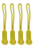 Four yellow zip puller accessories, featuring loops for easy gripping and a branded logo on each puller.