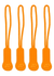 Four orange zip puller accessories with textured grips, each featuring a logo.