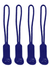 Four purple zip puller accessories, featuring a textured design and a loop for easy attachment.