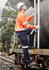 A man wearing an orange flame lightweight ripstop taped shirt climbs a ladder on a train, surrounded by greenery.
