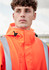 A heavy duty waterproof jacket in bright orange, featuring reflective silver stripes and a hooded design.