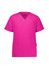 A pink V-neck scrub top featuring short sleeves and two front pockets, with a logo on one sleeve.
