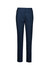A pair of navy mid-waist slim leg pants with a tailored fit, featuring a logo.