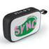 A black portable speaker with mesh design and a colourful logo, featuring a carrying strap.