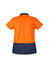 An orange and navy women's short sleeve polo shirt with a logo. Suitable for workwear purposes.