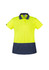 A women's short sleeve polo shirt in high visibility yellow with a navy blue bottom panel. It features a collar and buttons.
