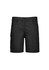 A black women's essential stretch cargo short with multiple pockets and a fitted waistband, featuring a logo.