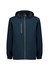 A navy unisex super light packable rain jacket with a hood and adjustable features, featuring a logo.