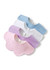 Four baby bibs in pink, purple, blue, and white, featuring a scalloped design and a button closure.