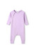 A hooded organic cotton baby suit in soft lilac with long sleeves and a zip opening. It has a logo on the label.