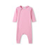 A pink hooded organic cotton baby suit with long sleeves and a zip closure. It features a logo on the label.
