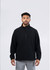 A black polar fleece half zip top with long sleeves and side pockets, featuring a branding logo.
