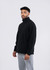 A men's unisex black polar fleece half zip top, featuring a stand-up collar and a logo.