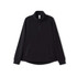 A black women's polar fleece half zip top featuring a collar and side pockets, with a branding logo.