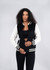 A black and cream varsity jacket with a soft shell finish, featuring striped ribbed cuffs and a logo.