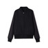 A black wool blend soft shell varsity jacket featuring a zip front and side pockets.