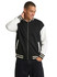 A men's/unisex wool blend varsity jacket featuring black and white colours, with striped cuffs and a zip front.