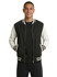 A black and white wool blend varsity jacket with a zip front, ribbed collar, and pockets, worn by a model.