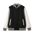 A men's/unisex varsity jacket in black with white sleeves and striped cuffs. Features side pockets and a zip closure.