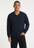 A black unisex V-neck fleece jumper with a relaxed fit and long sleeves, featuring a brand label.