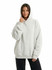 A grey oversize hoodie with a hood and front pocket, worn by a model against a white background.