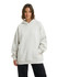 An oversize grey hoodie with a front pocket and a hood, modelled by a woman. It features a logo on the front.
