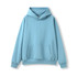 A light blue oversize hoodie with a front pocket and a hood. It features a simple design and has a logo.