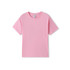 A pink organic T-shirt with short sleeves, featuring a label and a simple design.