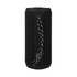 A black Bluetooth speaker with a textured surface and a hanging strap, featuring buttons and a logo.